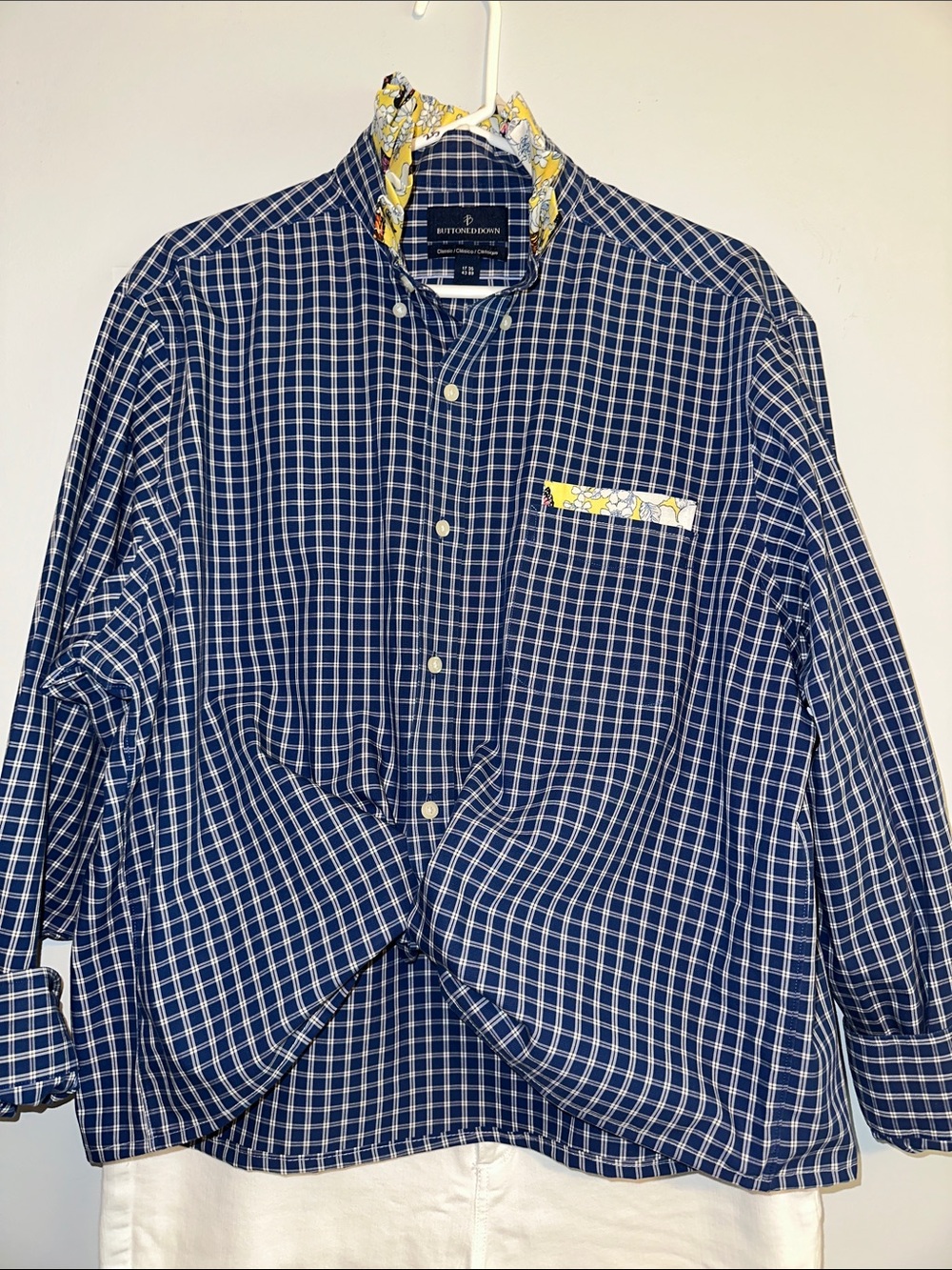 Buttoned Down Women's Navy Check Ruffled collar Button-Down Shirt